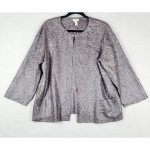 Chico's Crinkle Evening Jacket Size 2 Gray Silver Open Front 3/4 Sleeve Wedding